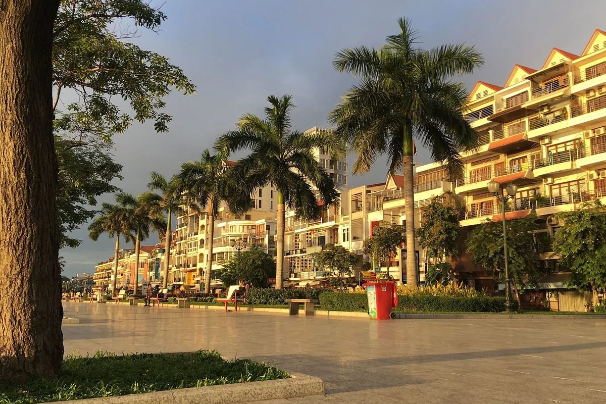 The riverside promenade in Phnom Penh in golden light, with royal palms and a row of pale buildings.